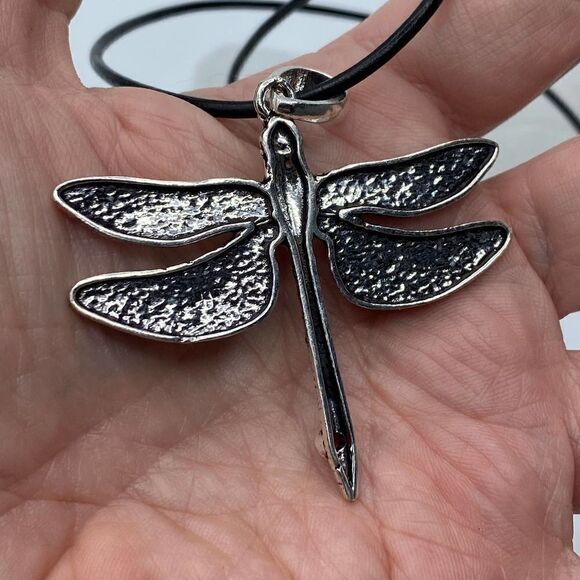 Dragonfly & Garnet Boho Silver Necklace On Leather Cord - Picture 5 of 5